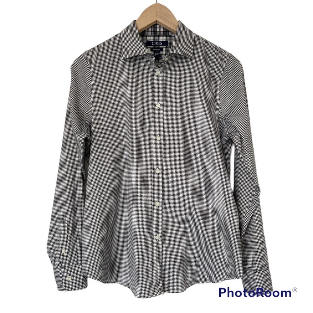 CHAPS BLACK/WHITE HOUNDSTOOTH NO IRON 100% COTTON BUTTON DOWN SHIRT, PETITE MED